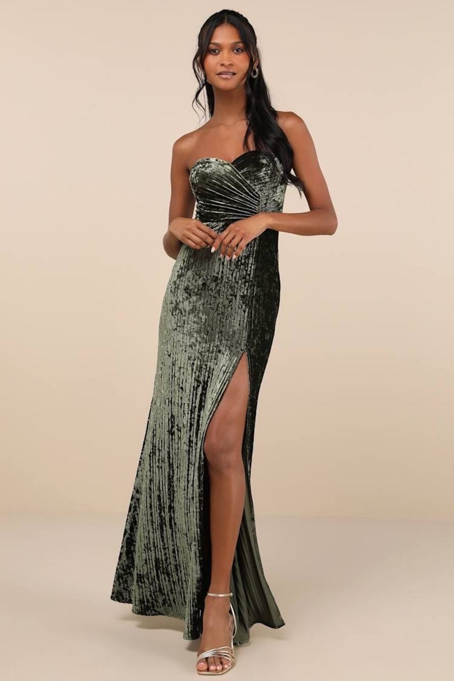 NWT Lulus Classy Sensation Olive Velvet Pleated Strapless Maxi Dress Gala Sz L